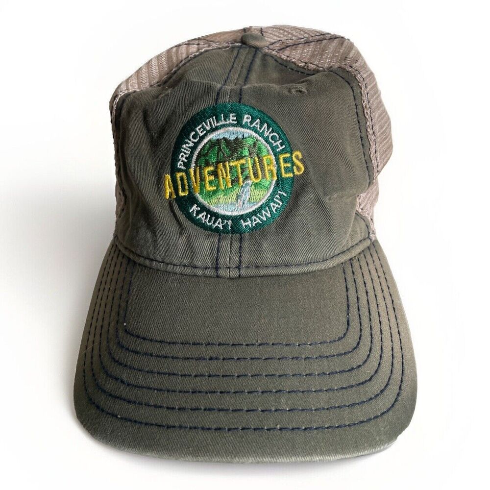 Princeville Ranch Adventures Kauai Hawaii Hat Green Tan One Size Strap Snap Back